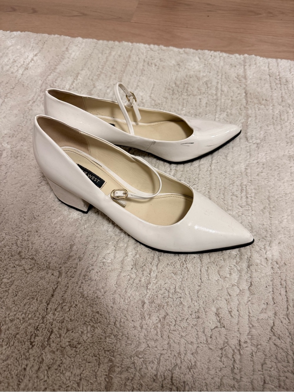 Nine West White Pointed Mary Jane Pumps with Low Block Heel